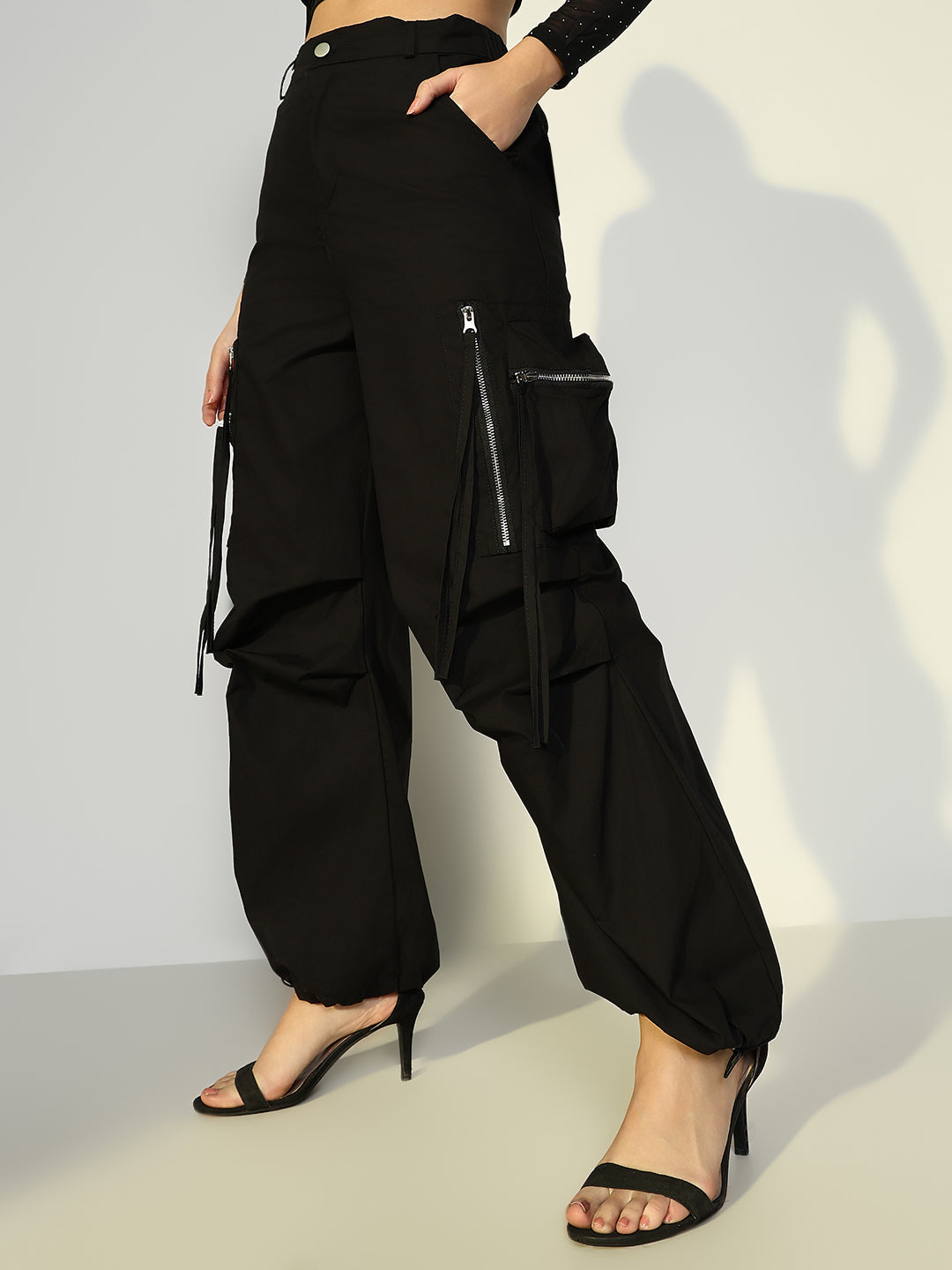 Women Solid Black Parachute Trouser