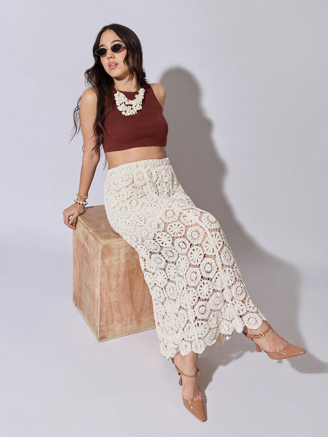 Women's Cream Crochet Maxi Skirt