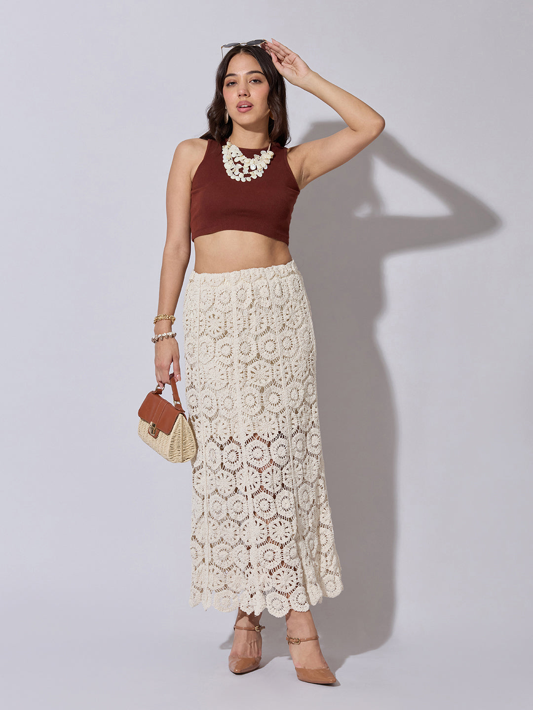 Women's Cream Crochet Maxi Skirt