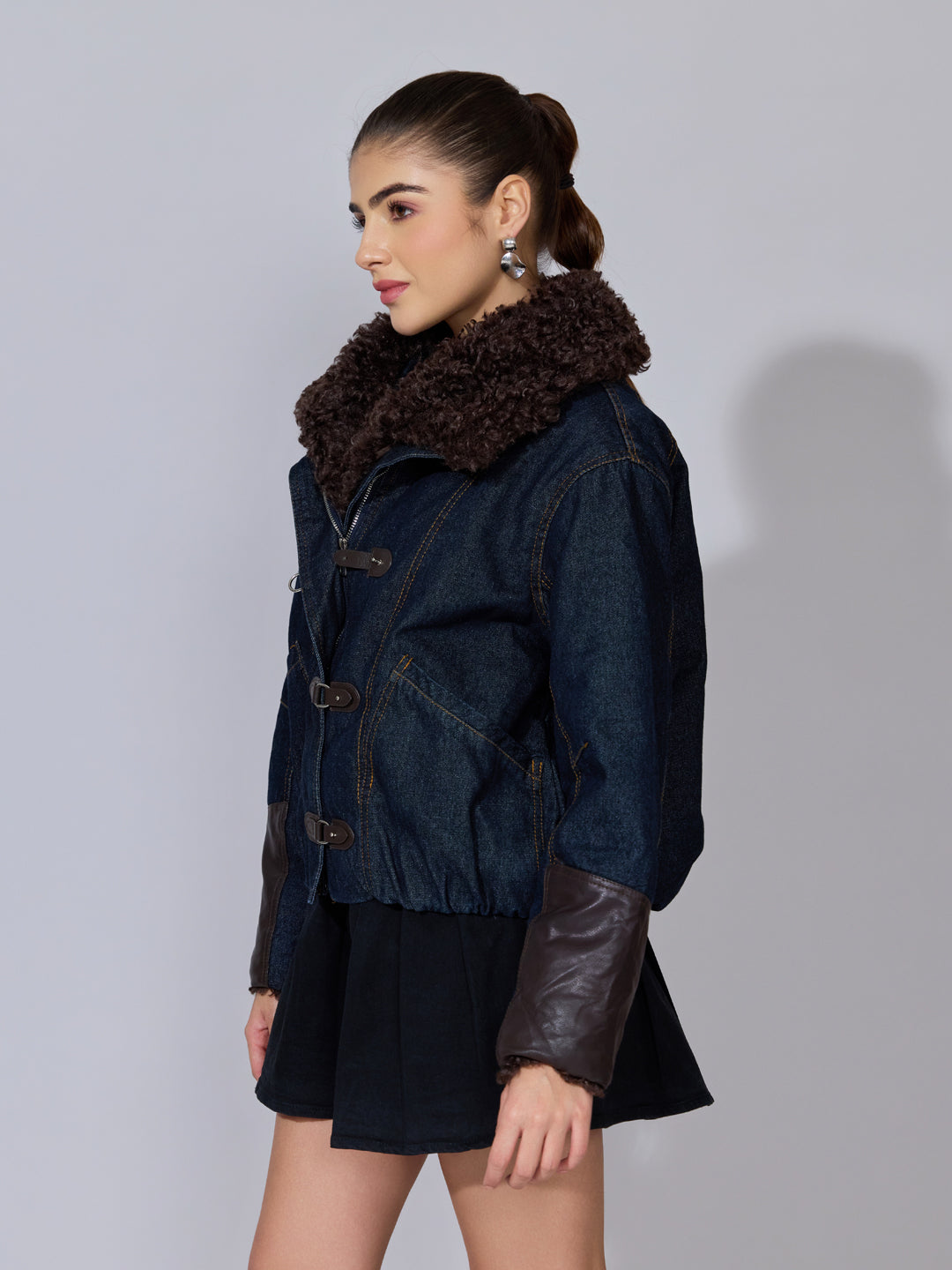 Women's Navy Blue Denim Jacket with Faux Fur Collar & Toggle Closure