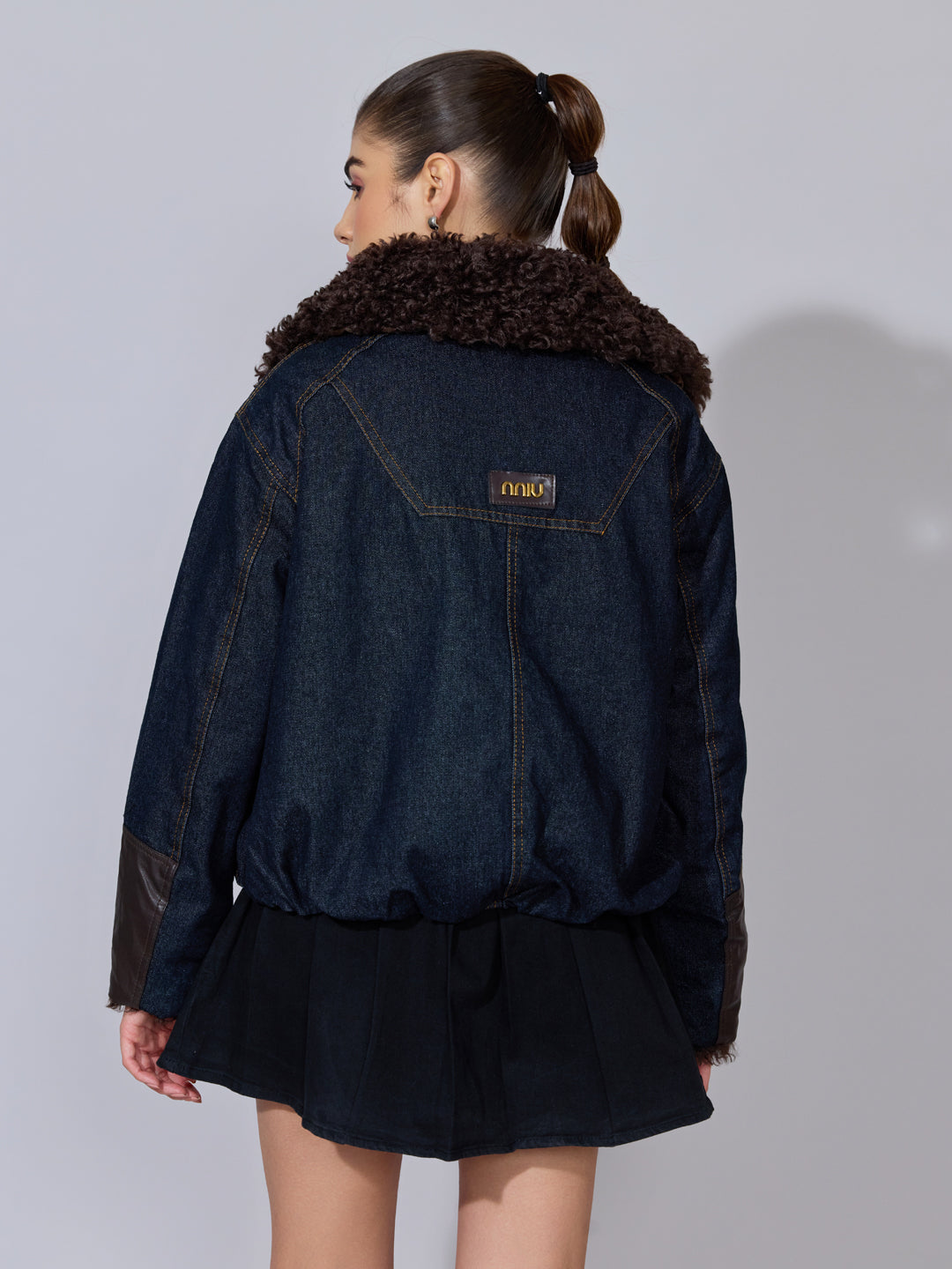 Women's Navy Blue Denim Jacket with Faux Fur Collar & Toggle Closure