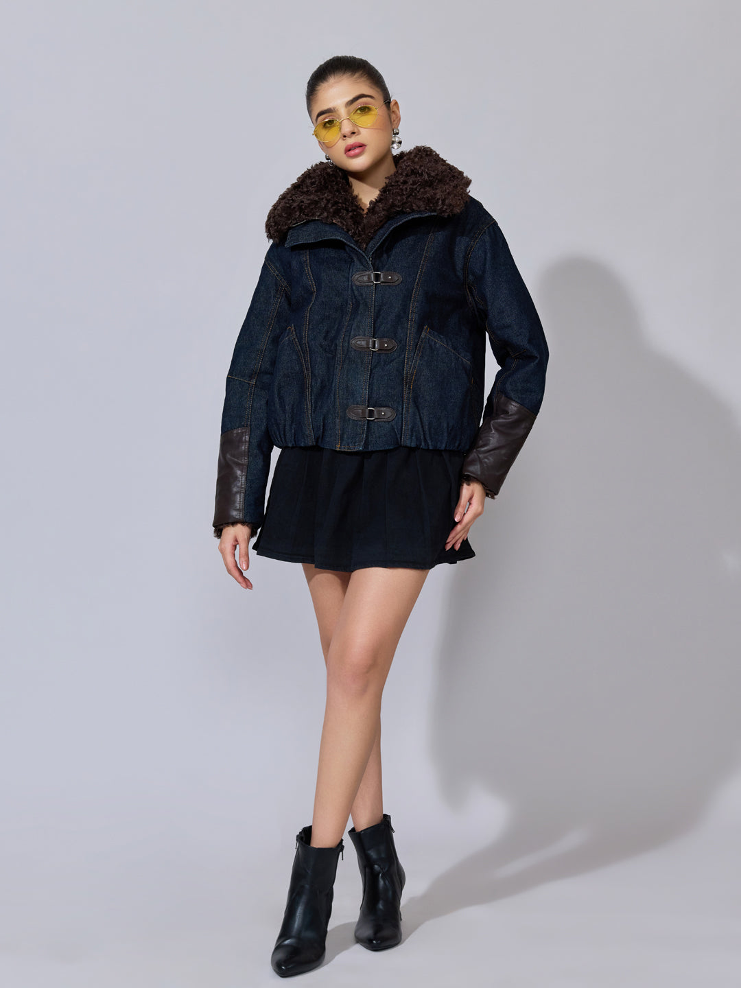 Women's Navy Blue Denim Jacket with Faux Fur Collar & Toggle Closure