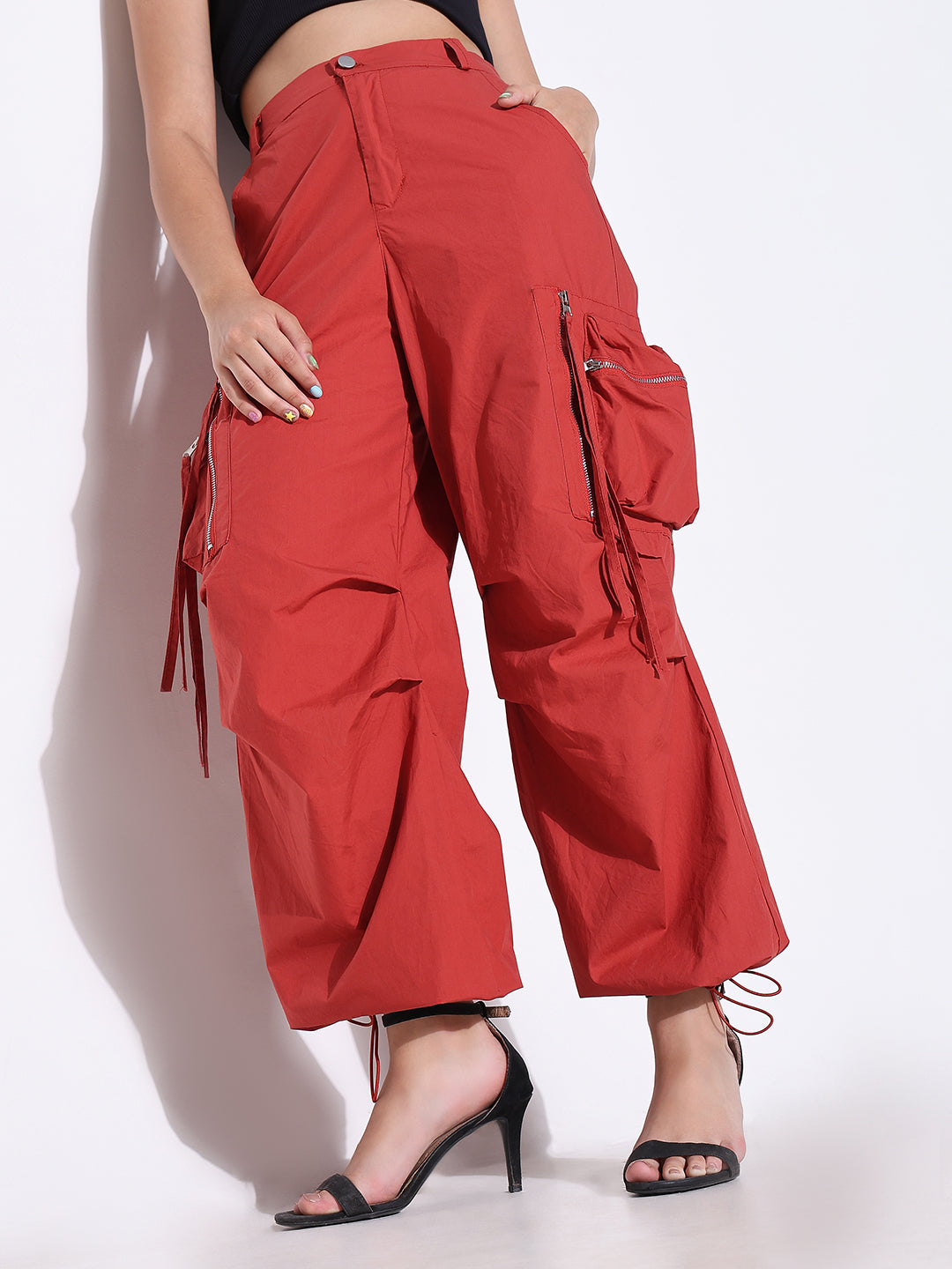 Women Solid Red Cargo Trouser