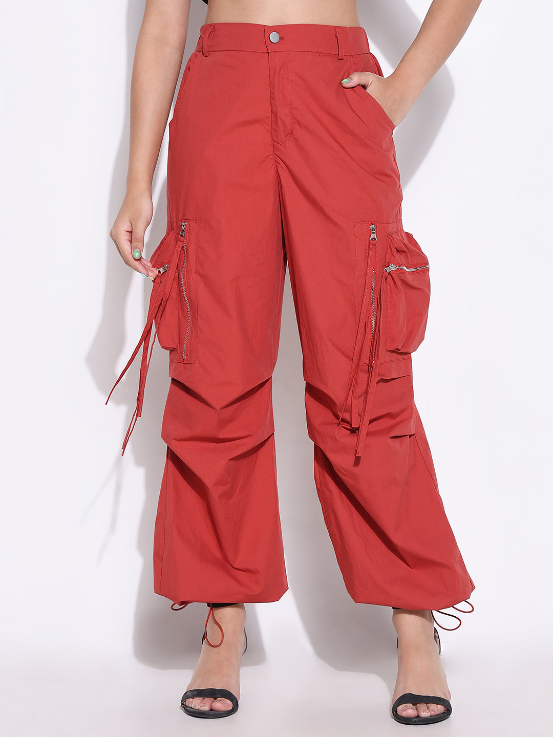 Women Solid Red Cargo Trouser