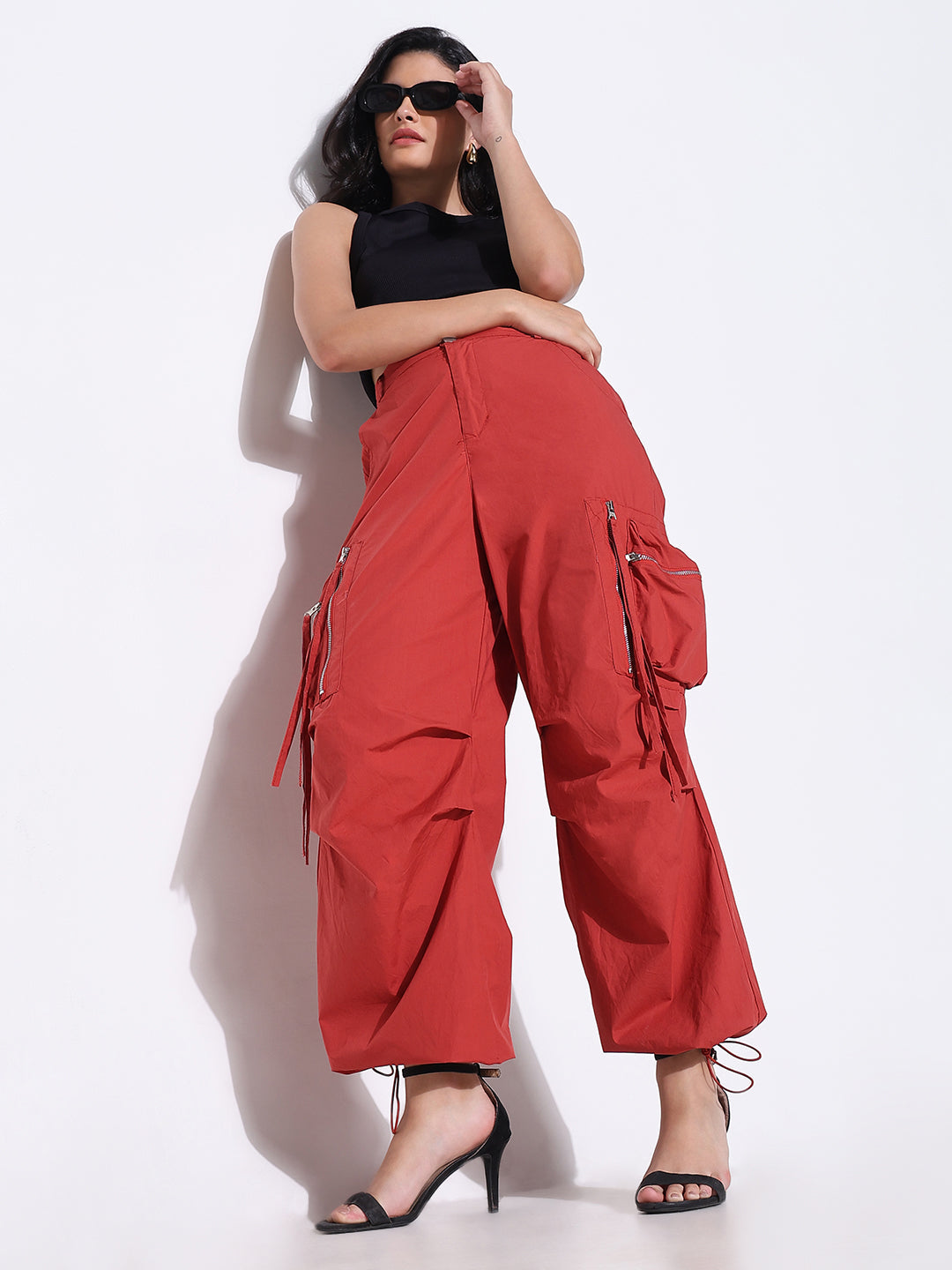 Women Solid Red Cargo Trouser