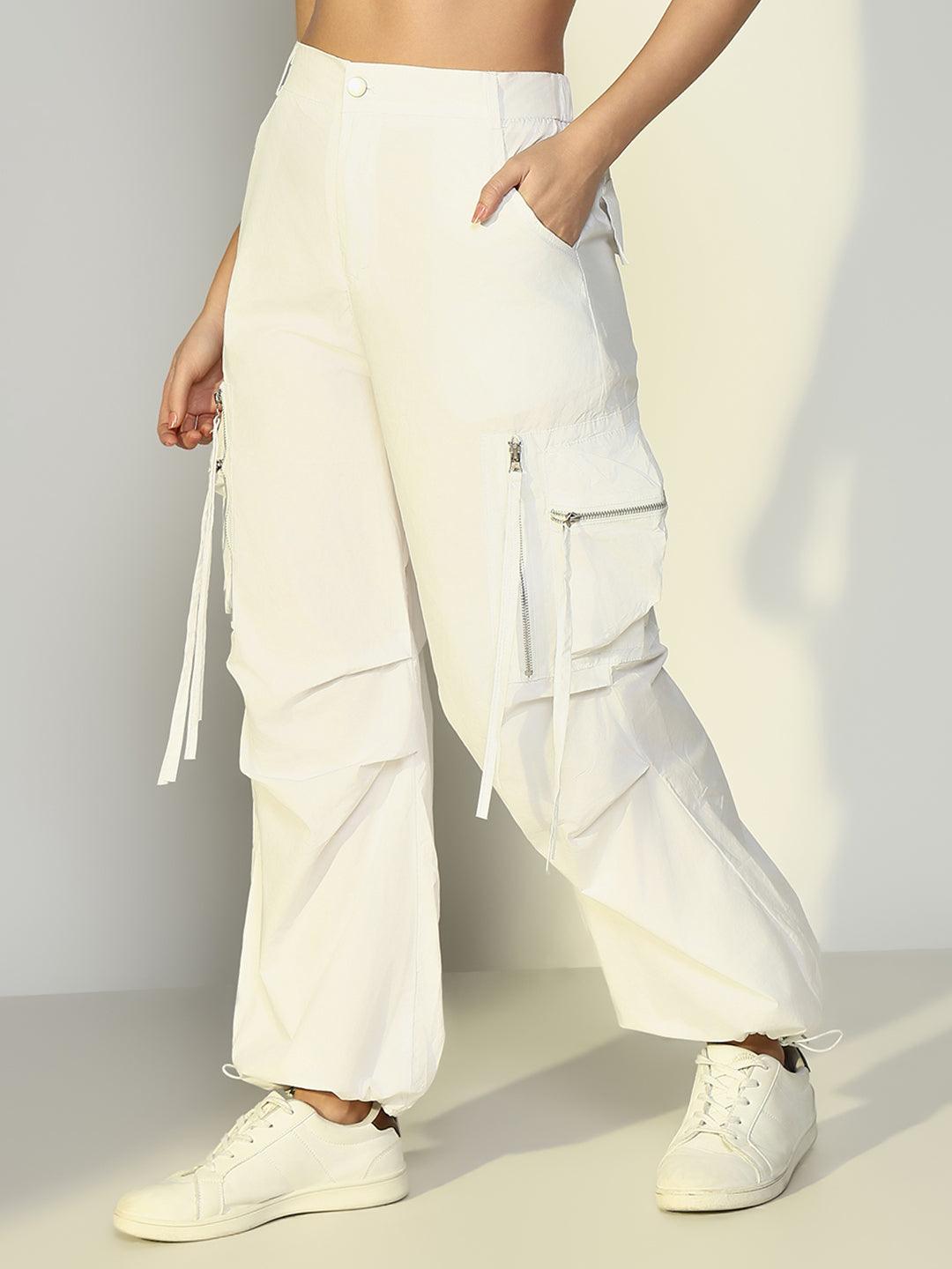 Women Solid White Parachute Trouser