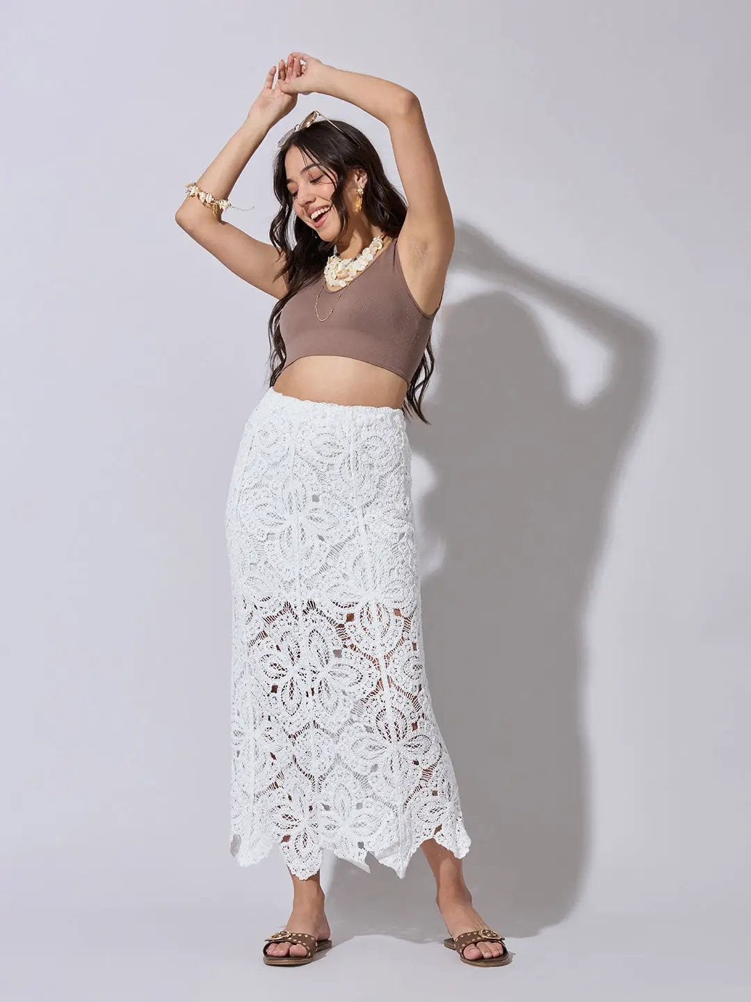 Women's Floral Crochet White Maxi Skirt