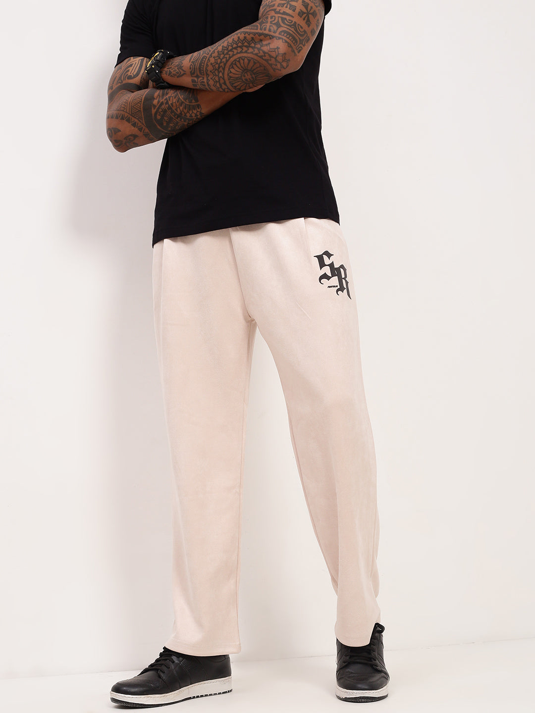 Men Cream Solid Straight Fit Trousers