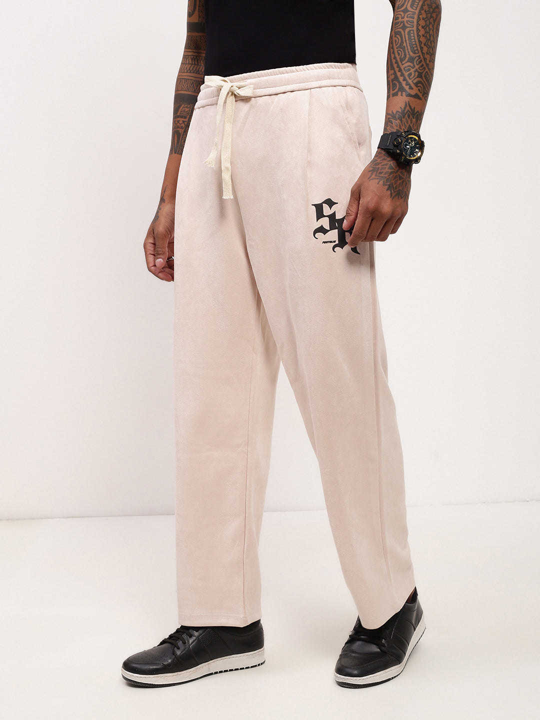 Men Cream Solid Straight Fit Trousers