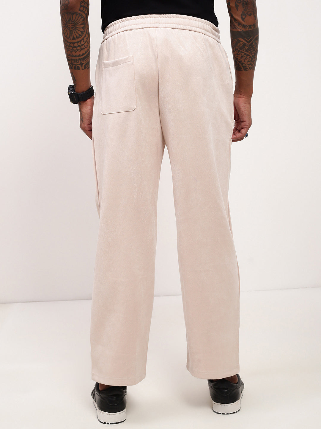 Men Cream Solid Straight Fit Trousers