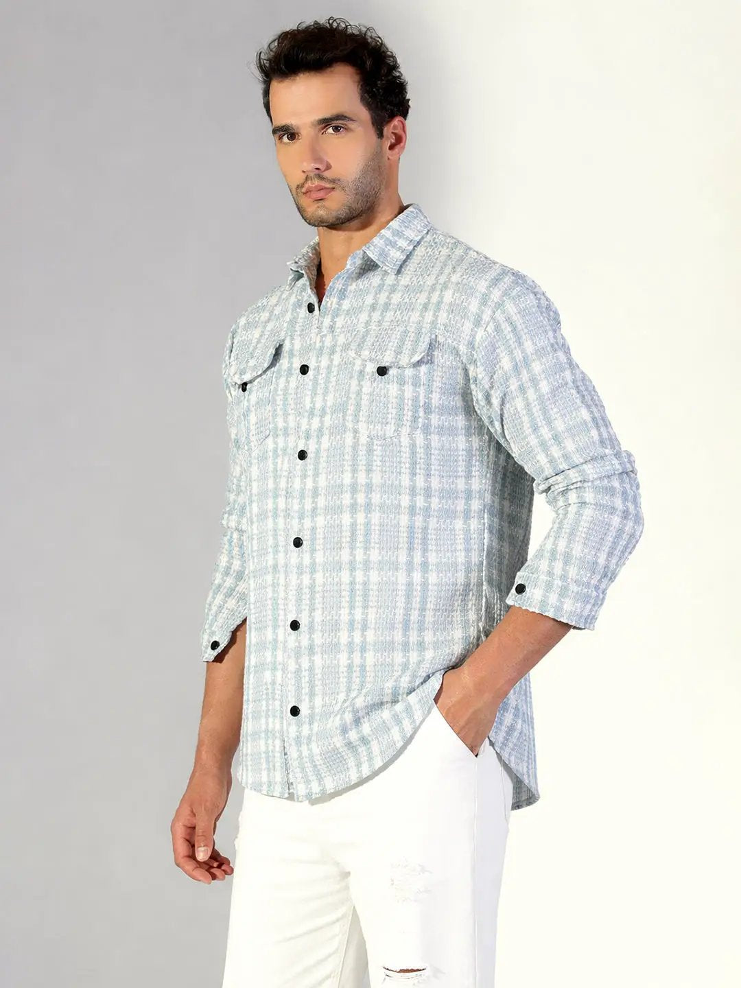 Men's Checked Blue Shacket with Pockets - Uncategorized from SHOWOFFFF
