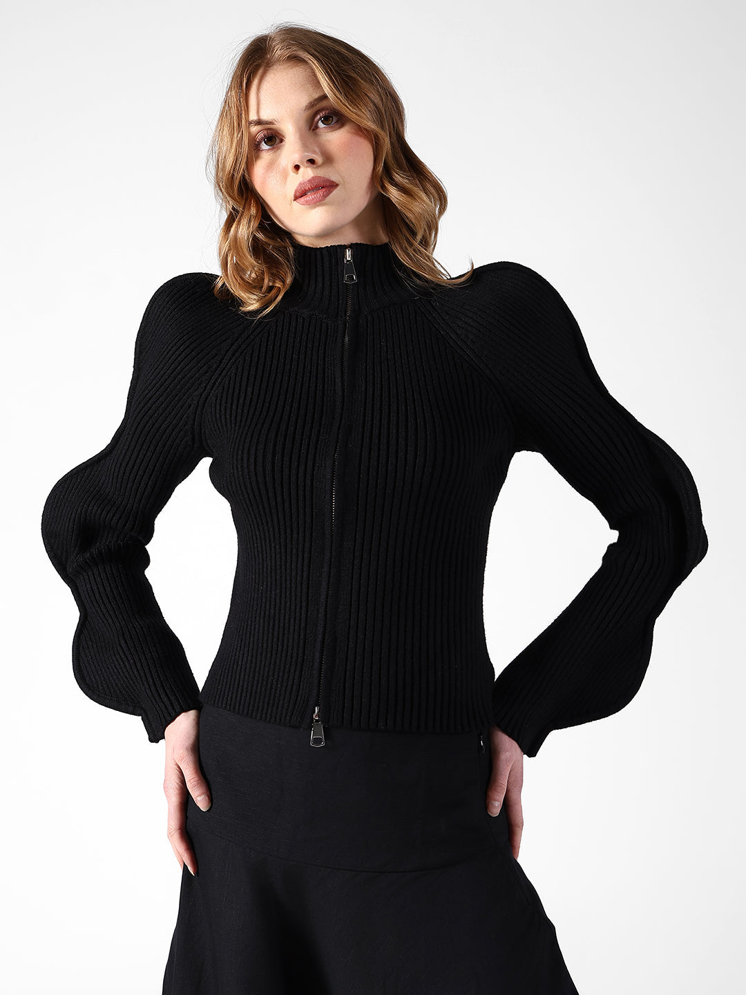 Women's Ribbed Black Sculpted Sleeve Top
