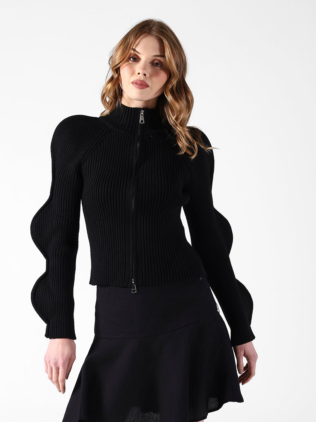 Women's Ribbed Black Sculpted Sleeve Top