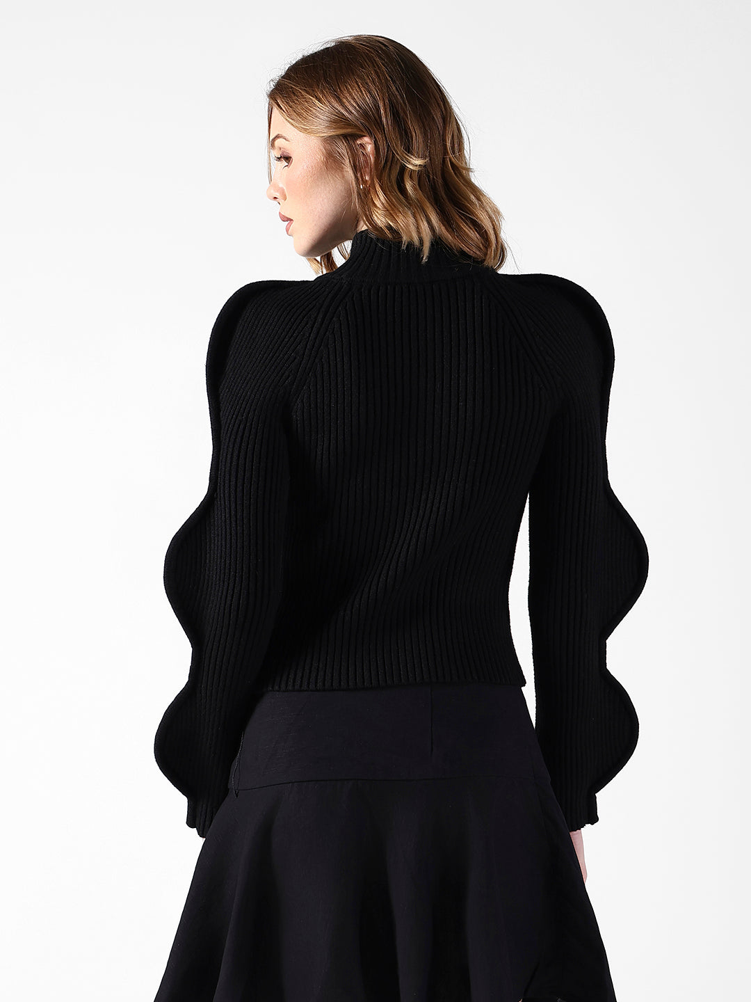 Women's Ribbed Black Sculpted Sleeve Top