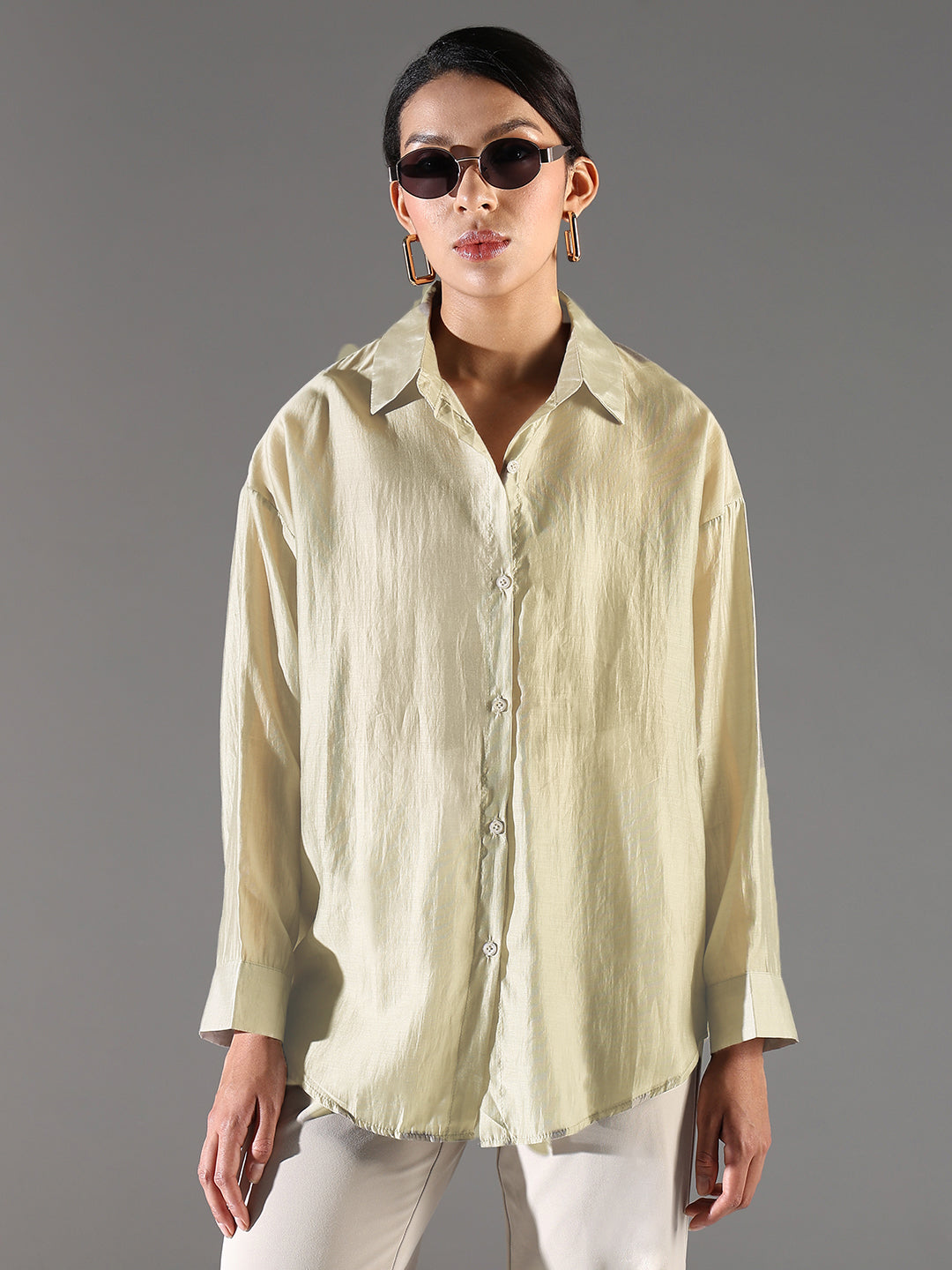 Women Beige Solid Oversized Shirt