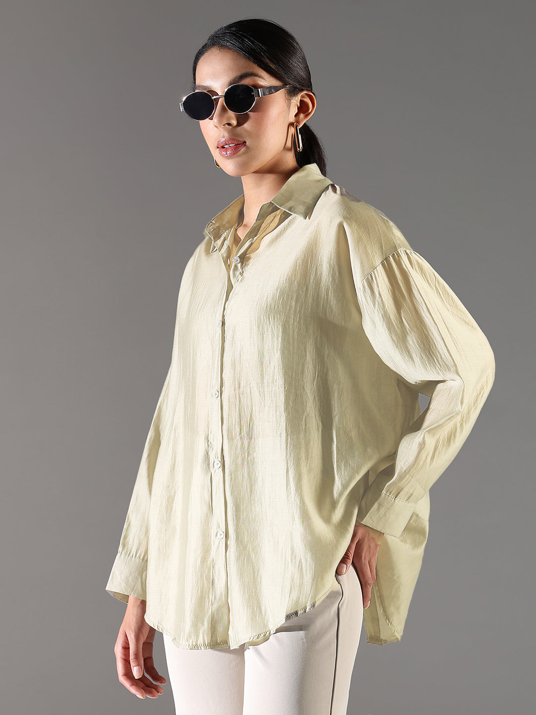 Women Beige Solid Oversized Shirt