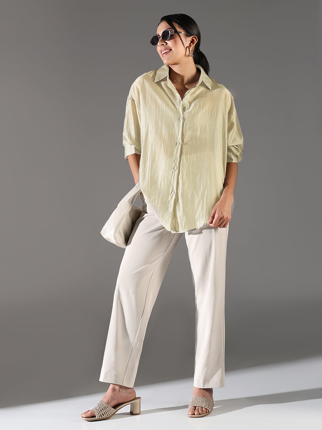 Women Beige Solid Oversized Shirt