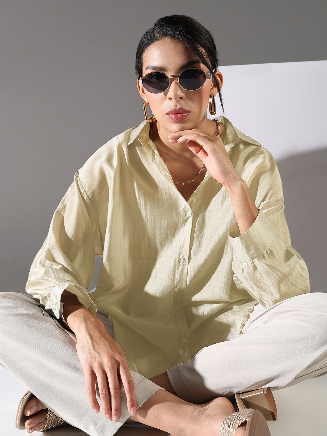 Women Beige Solid Oversized Shirt