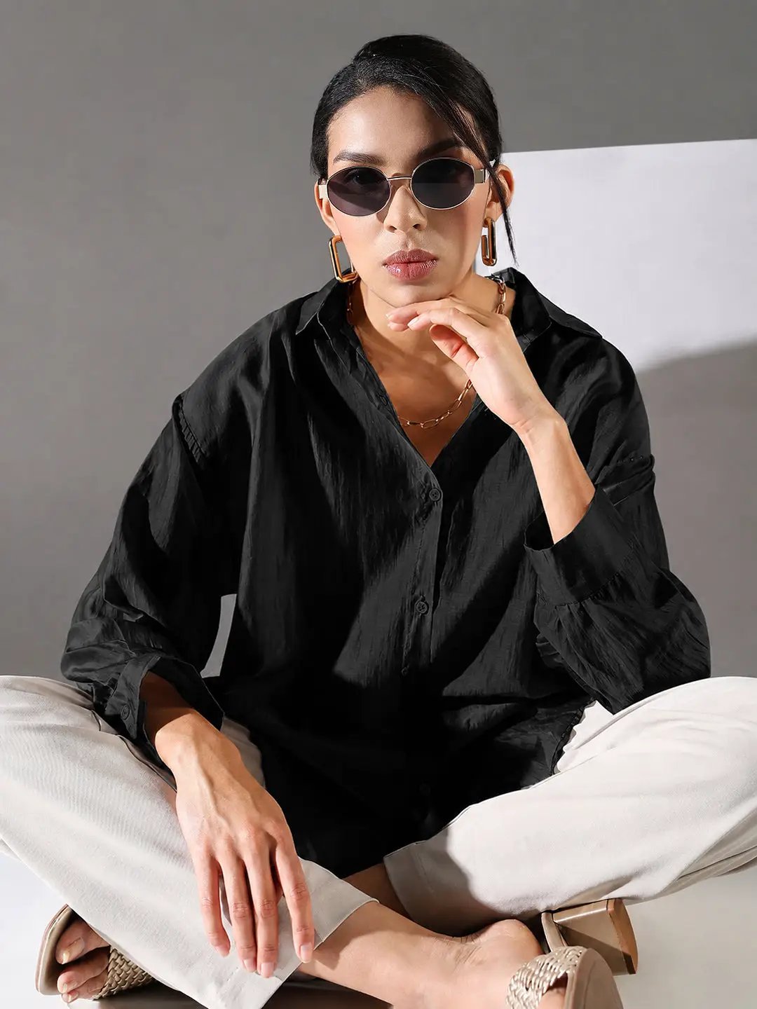 Classic Women's Black Solid Oversized Shirt