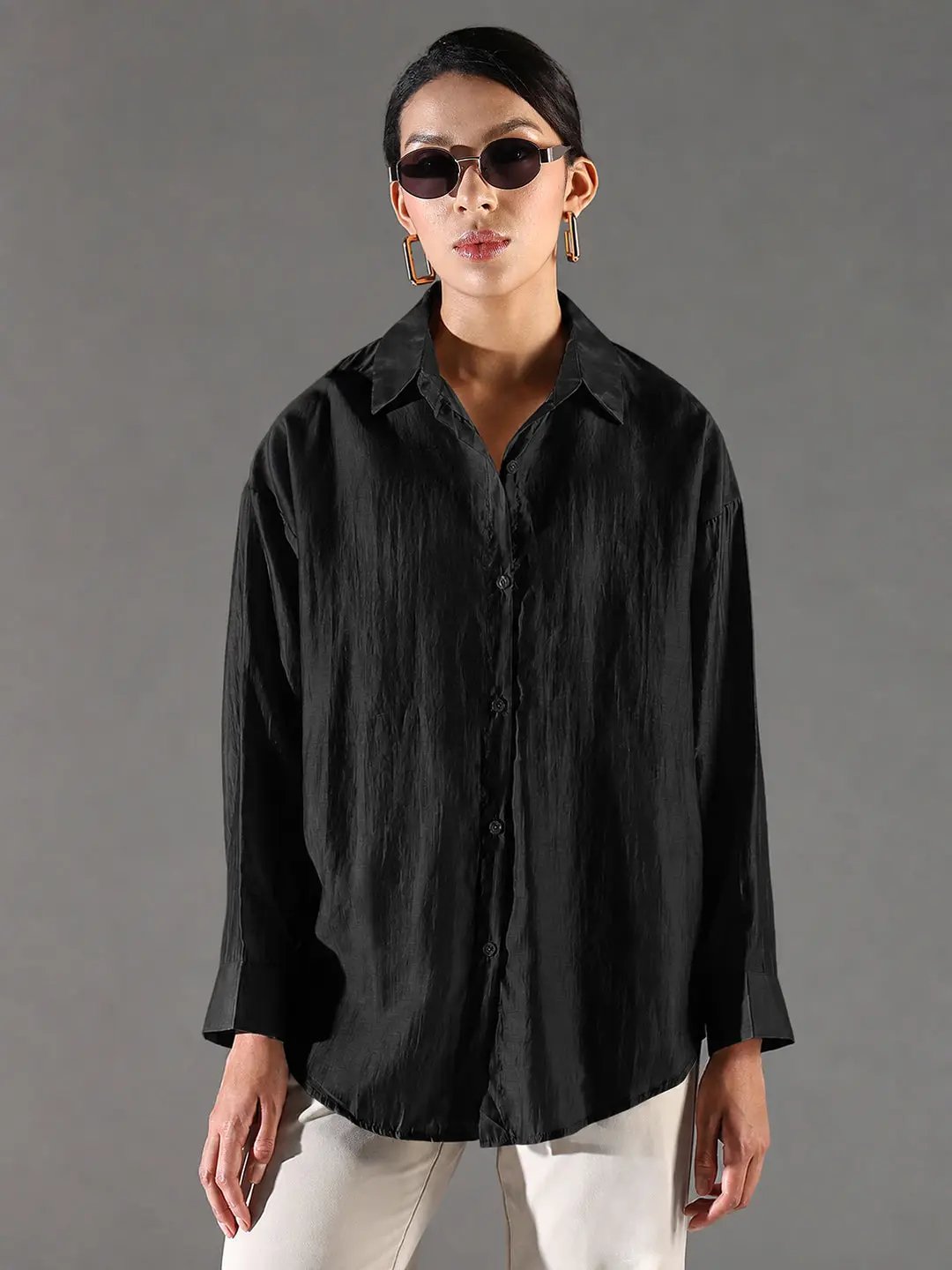 Classic Women's Black Solid Oversized Shirt