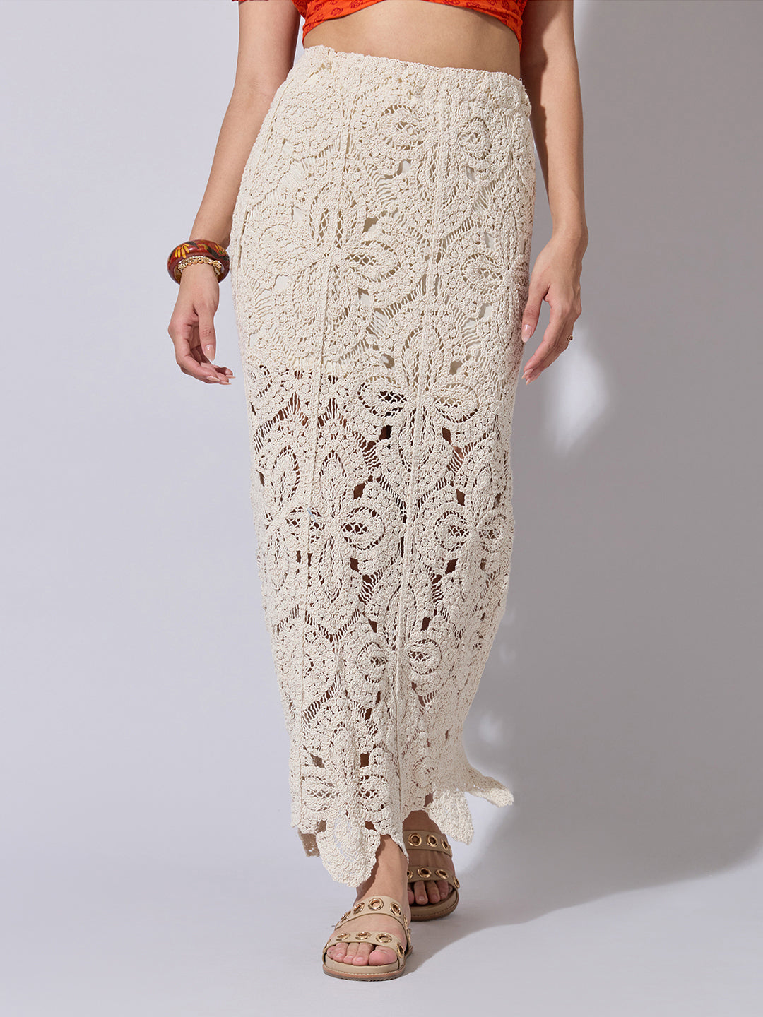 Women's Floral Crochet Cream Maxi Skirt