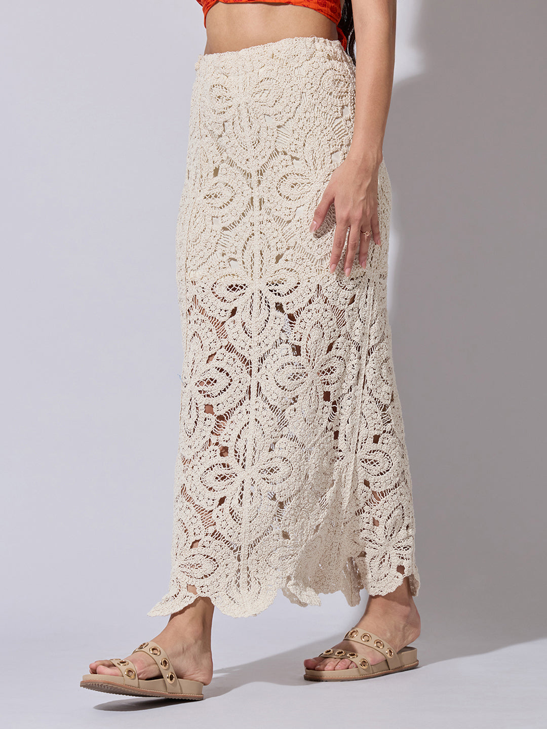 Women's Floral Crochet Cream Maxi Skirt