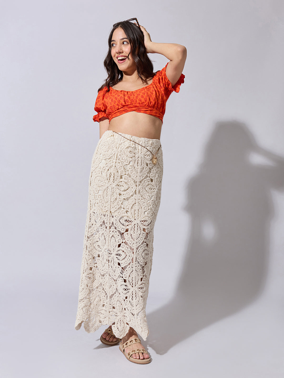 Women's Floral Crochet Cream Maxi Skirt