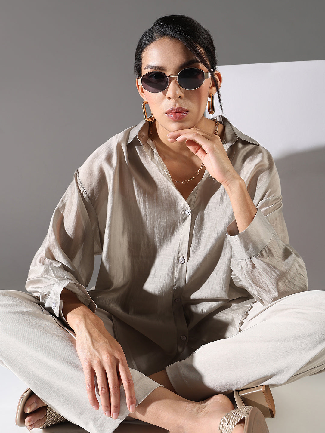 Women Grey Solid Oversized Shirt