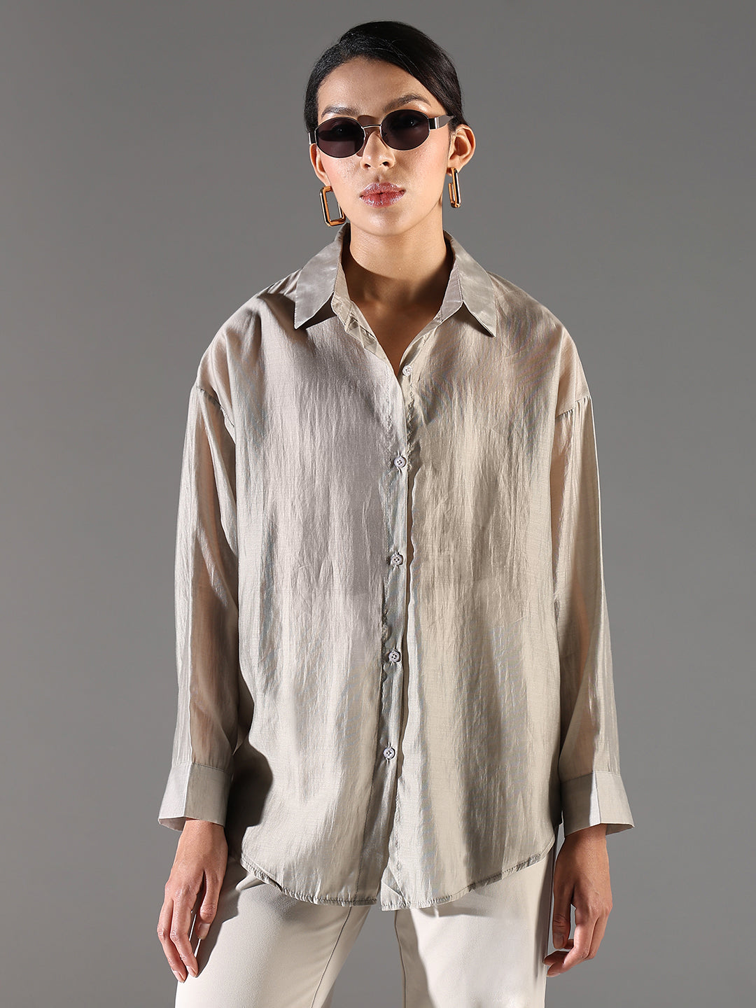 Women Grey Solid Oversized Shirt