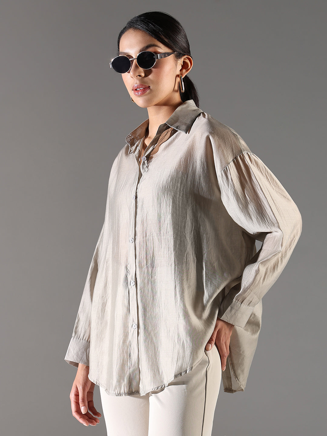 Women Grey Solid Oversized Shirt