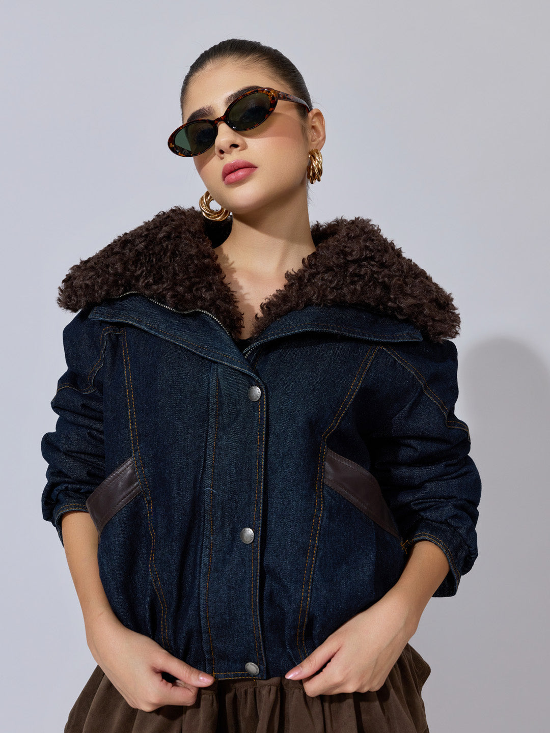 Women's Navy Blue Denim Jacket with Faux Fur Mantel