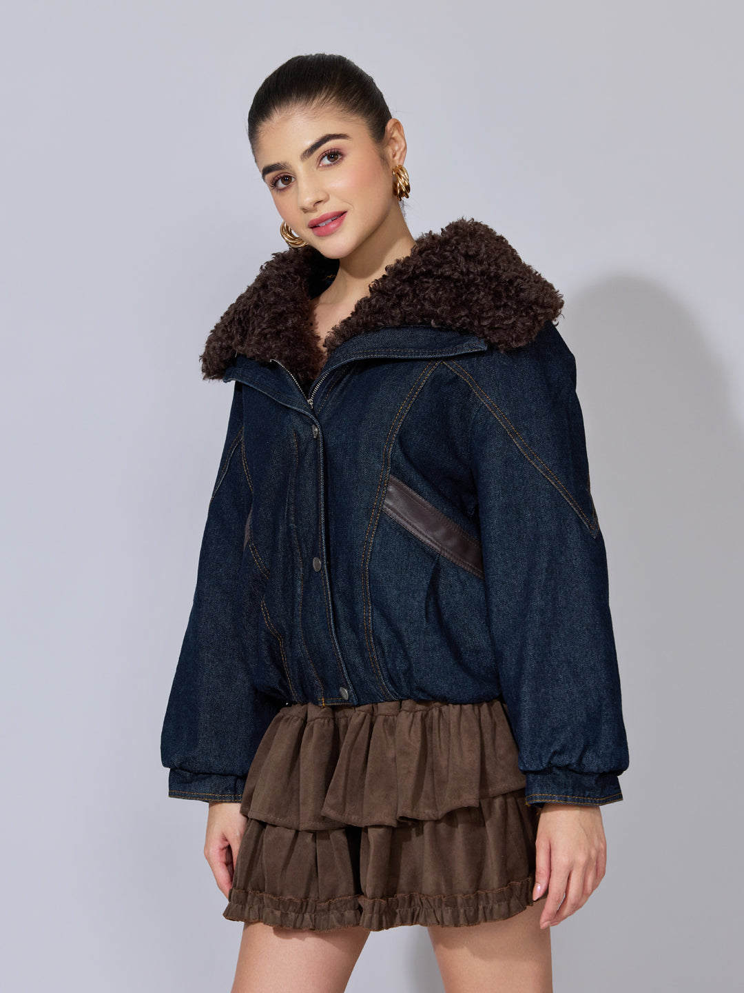 Women's Navy Blue Denim Jacket with Faux Fur Mantel