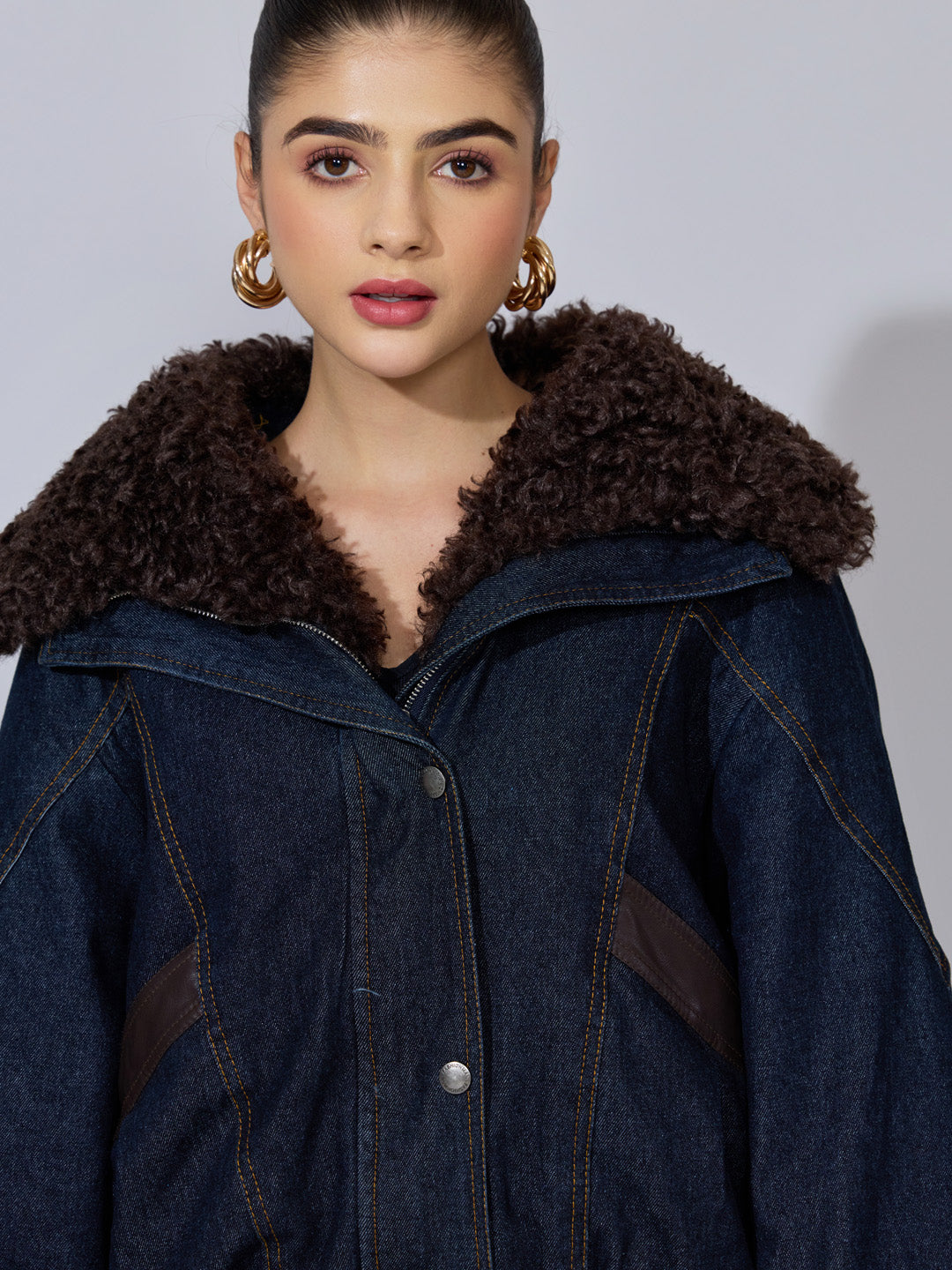 Women's Navy Blue Denim Jacket with Faux Fur Mantel