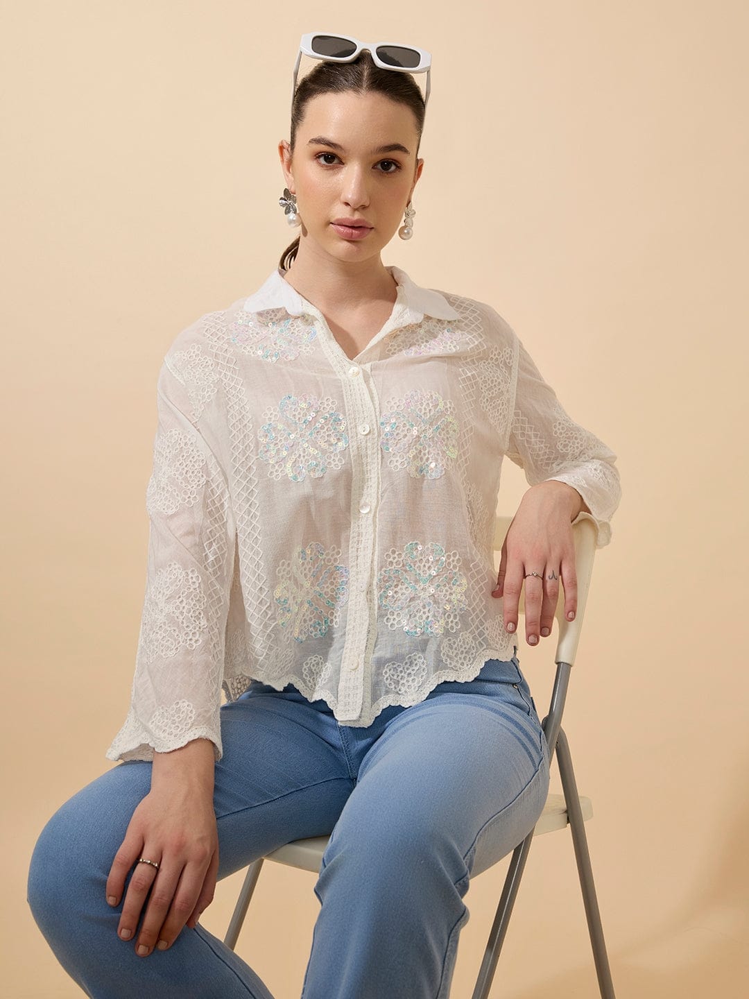 Women's Sequin Embroidered White Full Sleeves Shirt with Lace Detail