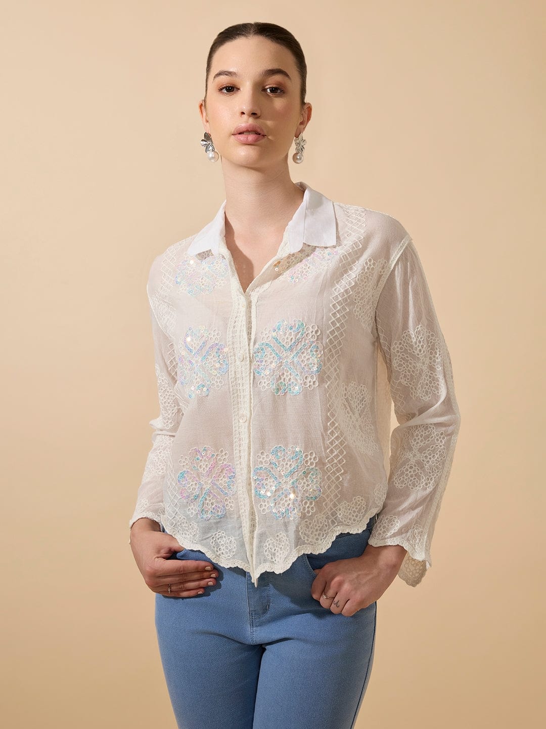 Women's Sequin Embroidered White Full Sleeves Shirt with Lace Detail