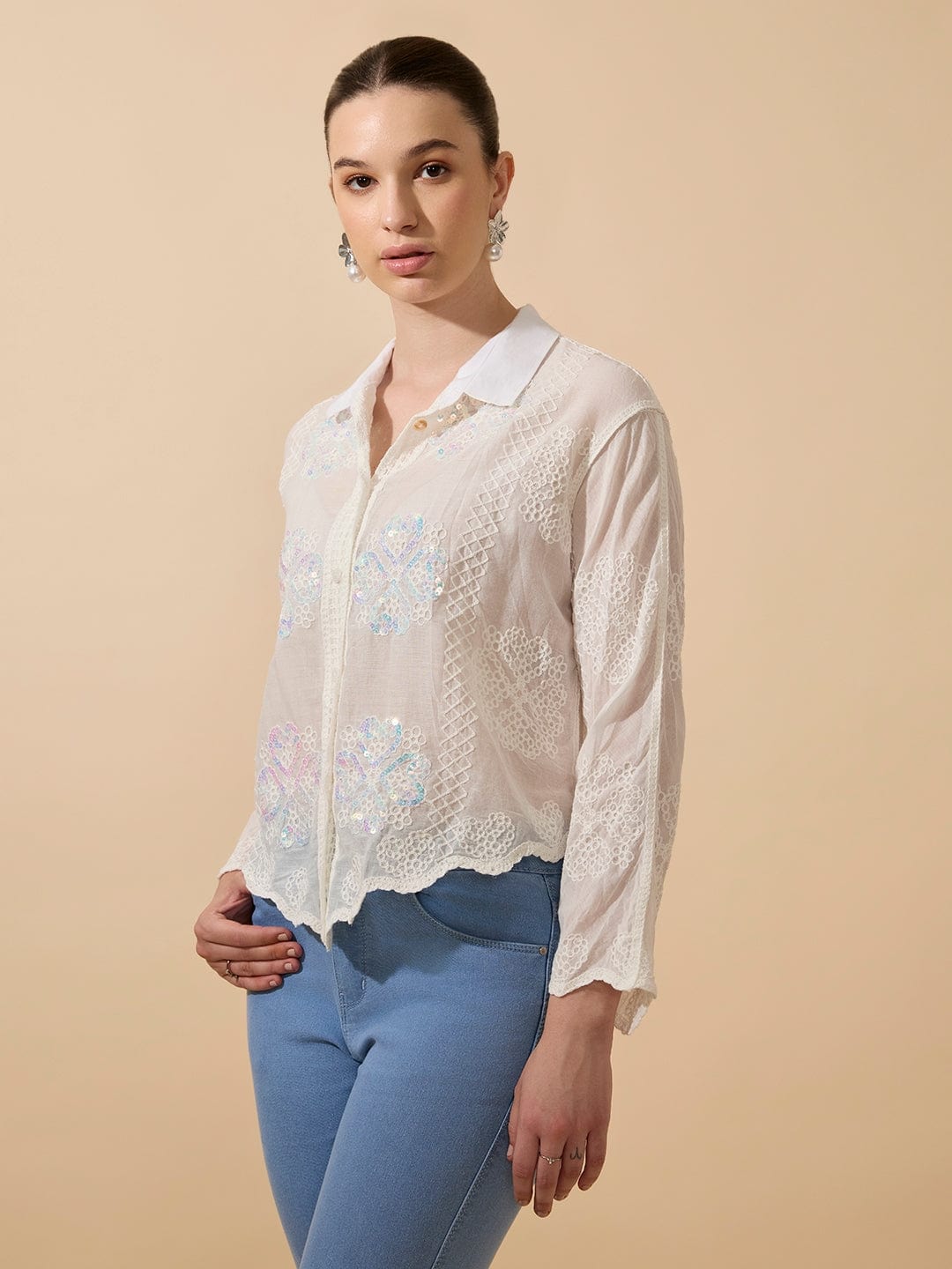 Women's Sequin Embroidered White Full Sleeves Shirt with Lace Detail
