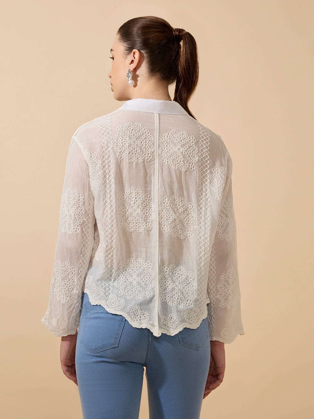 Women's Sequin Embroidered White Full Sleeves Shirt with Lace Detail