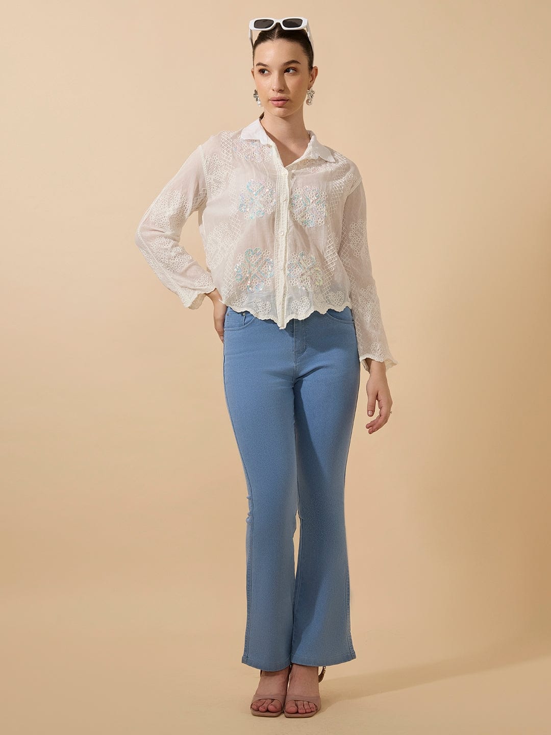 Women's Sequin Embroidered White Full Sleeves Shirt with Lace Detail