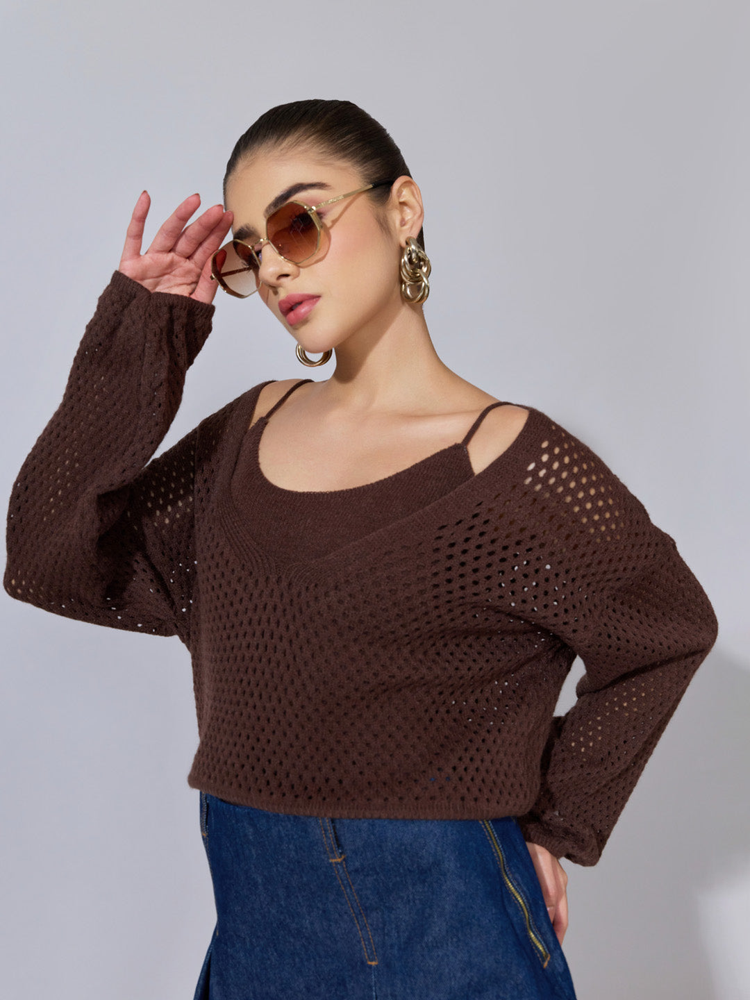 Women's Crochet Brown Top with Inner