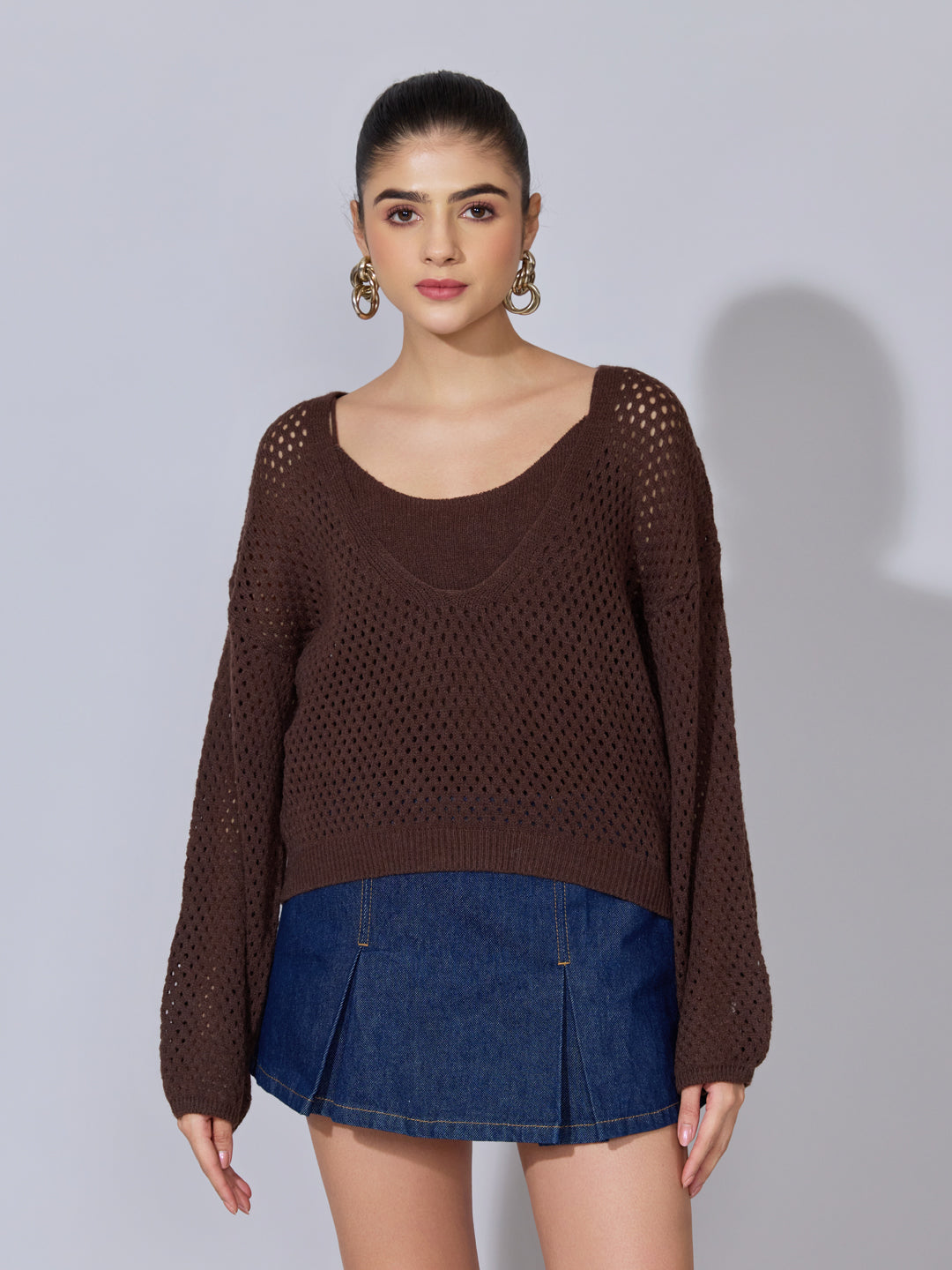 Women's Crochet Brown Top with Inner