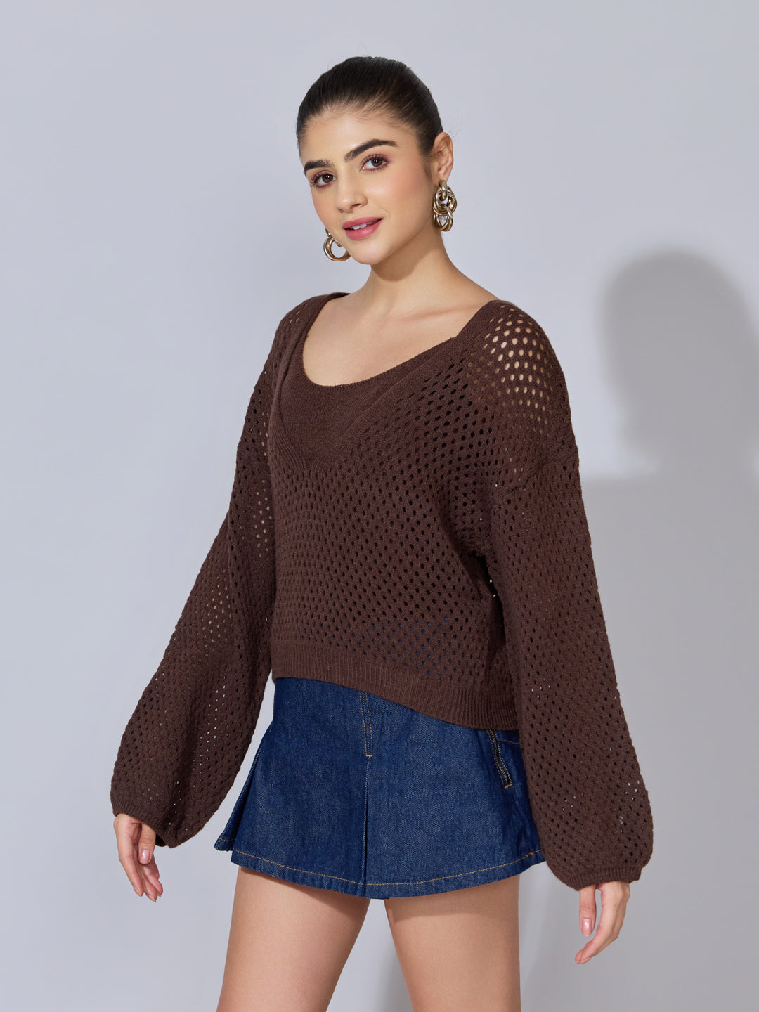 Women's Crochet Brown Top with Inner