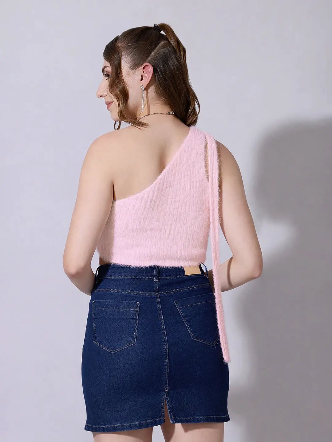Women's Knitted Pink Fuzzy One-Shoulder Crop Top - from SHOWOFFFF