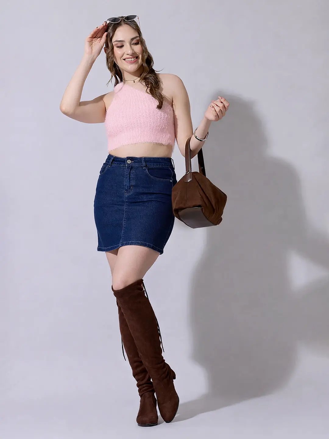 Women's Knitted Pink Fuzzy One-Shoulder Crop Top - from SHOWOFFFF