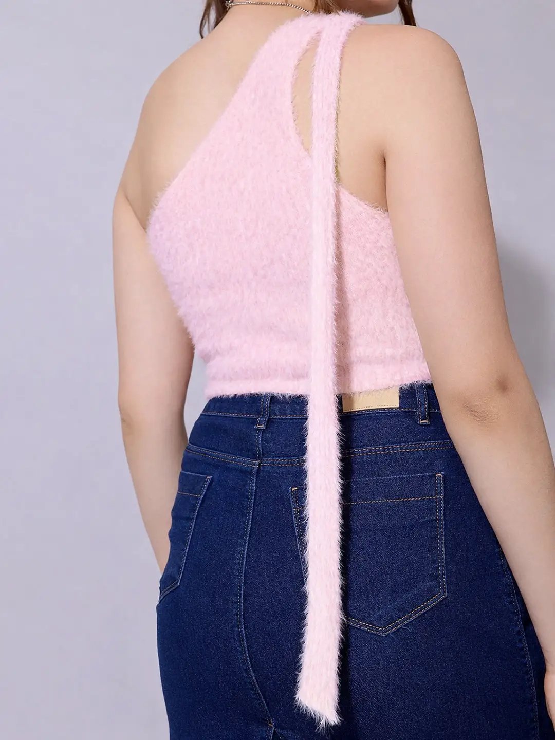 Women's Knitted Pink Fuzzy One-Shoulder Crop Top - from SHOWOFFFF