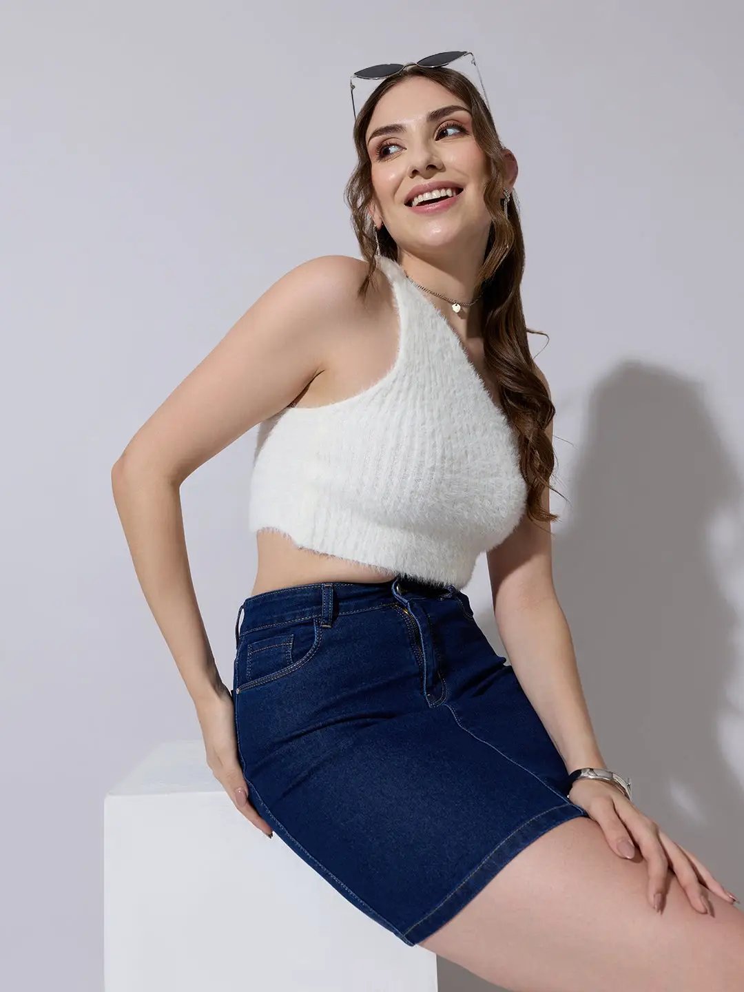 Women's Knitted White Fuzzy One-Shoulder Crop Top - Uncategorized from SHOWOFFFF