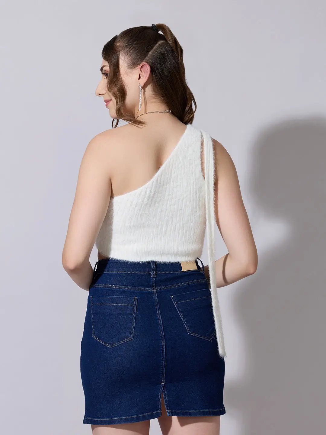 Women's Knitted White Fuzzy One-Shoulder Crop Top - Uncategorized from SHOWOFFFF