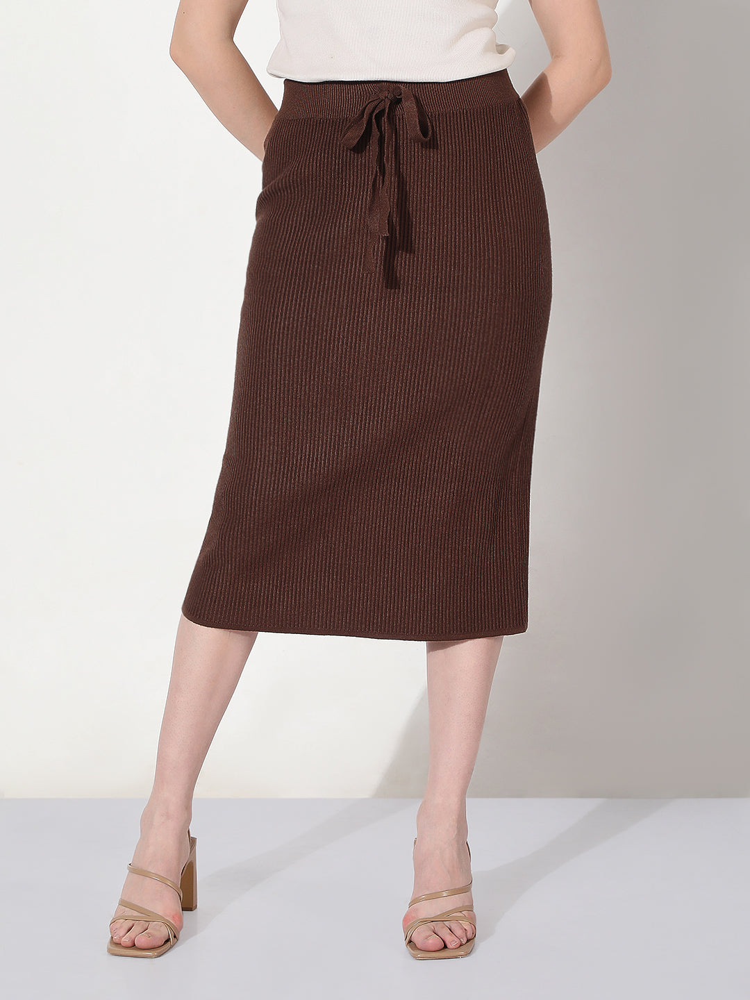 Women's Ribbed Brown Midi Skirt with Back Slit