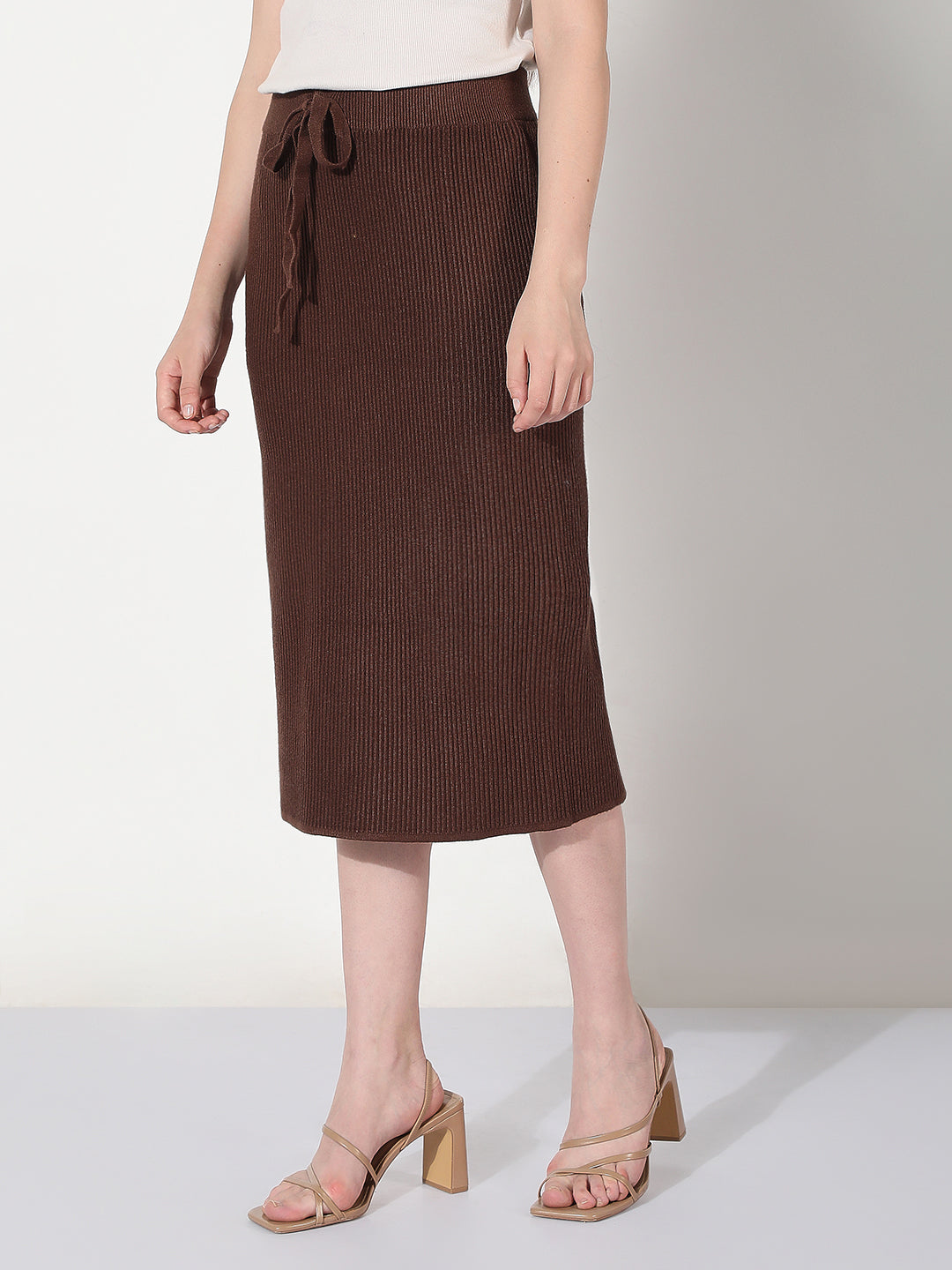 Women's Ribbed Brown Midi Skirt with Back Slit