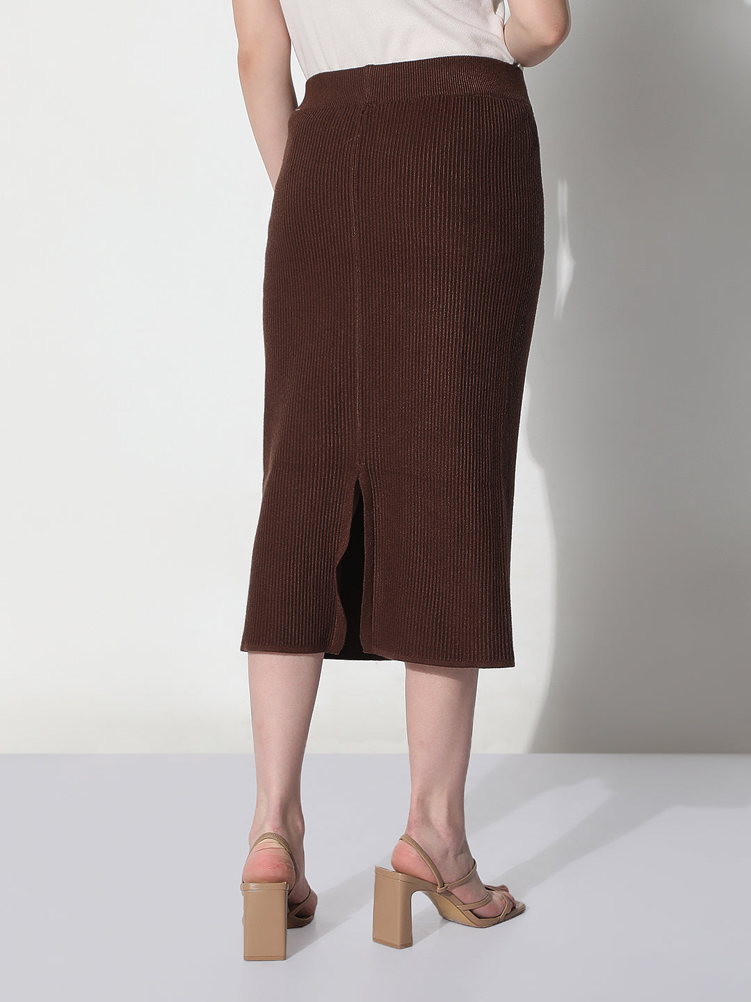 Women's Ribbed Brown Midi Skirt with Back Slit