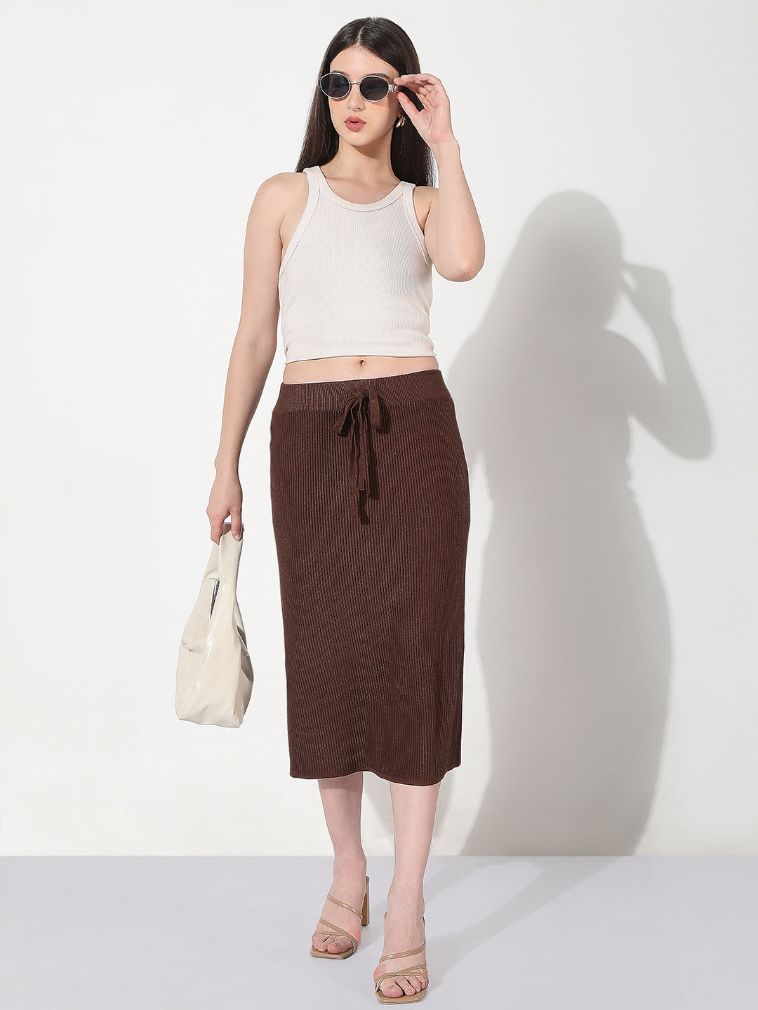 Women's Ribbed Brown Midi Skirt with Back Slit